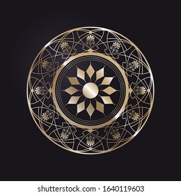 Decorative openwork round frame with gold abstract pattern on black background. Circular ornament. An elegant element for design. Vector.