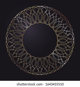 Marco redondo de apertura decorativo con un patrón oro abstracto sobre fondo negro. Ornamento circular. Un elemento elegante para el diseño. Vector.