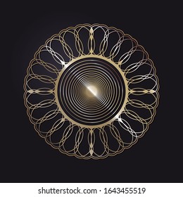 Decorative openwork round frame with gold abstract pattern on black background. Circular ornament. An elegant element for design. Vector.