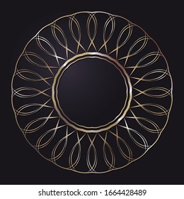 Decorative openwork round frame with gold abstract pattern on black background. Circular ornament. An elegant element for design. Vector.