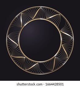 Marco redondo de apertura decorativo con un patrón oro abstracto sobre fondo negro. Ornamento circular. Un elemento elegante para el diseño. Vector.