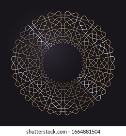 Decorative openwork round frame with gold abstract pattern on black background. Circular ornament. An elegant element for design. Vector.