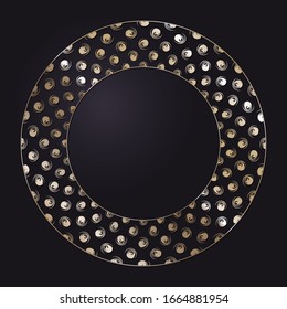 Decorative openwork round frame with gold abstract pattern on black background. Circular ornament. An elegant element for design. Vector.
