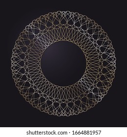 Decorative openwork round frame with gold abstract pattern on black background. Circular ornament. An elegant element for design. Vector.