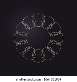 Decorative openwork round frame with gold abstract pattern on black background. Circular ornament. An elegant element for design. Vector.