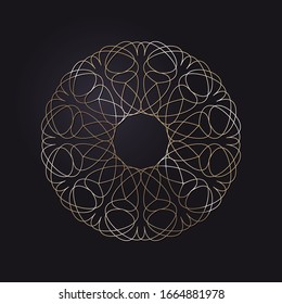 Decorative openwork round frame with gold abstract pattern on black background. Circular ornament. An elegant element for design. Vector.