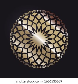 Decorative openwork round frame with gold abstract pattern on black background. Circular ornament. An elegant element for design. Vector.