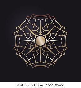 Decorative openwork round frame with gold abstract pattern on black background. Circular ornament. An elegant element for design. Vector.
