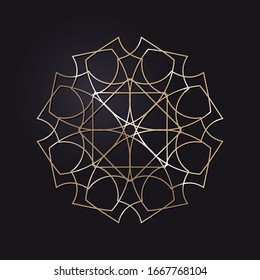 Decorative openwork round frame with gold abstract pattern on black background. Circular ornament. An elegant element for design. Vector.