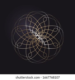 Decorative openwork round frame with gold abstract pattern on black background. Circular ornament. An elegant element for design. Vector.