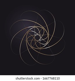 Decorative openwork round frame with gold abstract pattern on black background. Circular ornament. An elegant element for design. Vector.