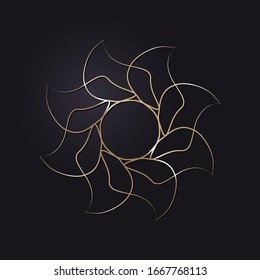 Decorative openwork round frame with gold abstract pattern on black background. Circular ornament. An elegant element for design. Vector.