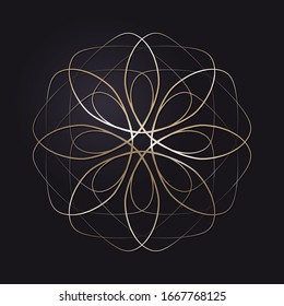 Decorative openwork round frame with gold abstract pattern on black background. Circular ornament. An elegant element for design. Vector.