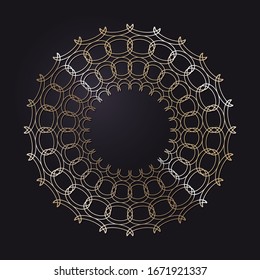 Decorative openwork round frame with gold abstract pattern on black background. Circular ornament. An elegant element for design. Vector.