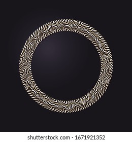 Decorative openwork round frame with gold abstract pattern on black background. Circular ornament. An elegant element for design. Vector.