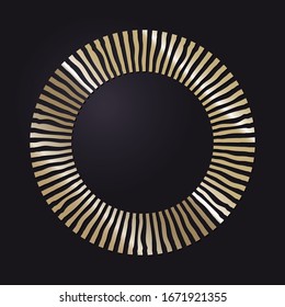 Decorative openwork round frame with gold abstract pattern on black background. Circular ornament. An elegant element for design. Vector.
