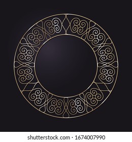 Decorative openwork round frame with gold abstract pattern on black background. Circular ornament. An elegant element for design. Vector.