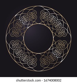 Decorative openwork round frame with gold abstract pattern on black background. Circular ornament. An elegant element for design. Vector.