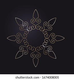 Decorative openwork round frame with gold abstract pattern on black background. Circular ornament. An elegant element for design. Vector.