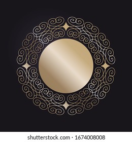 Marco redondo de apertura decorativo con un patrón oro abstracto sobre fondo negro. Ornamento circular. Un elemento elegante para el diseño. Vector.