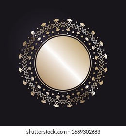 Decorative openwork round frame with gold abstract pattern on black background. Circular ornament. An elegant element for design. Vector.
