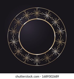 Marco redondo de apertura decorativo con un patrón oro abstracto sobre fondo negro. Ornamento circular. Un elemento elegante para el diseño. Vector.