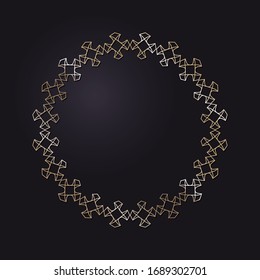 Decorative openwork round frame with gold abstract pattern on black background. Circular ornament. An elegant element for design. Vector.