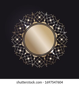Marco redondo de apertura decorativo con un patrón oro abstracto sobre fondo negro. Ornamento circular. Un elemento elegante para el diseño. Vector.