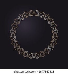 Decorative openwork round frame with gold abstract pattern on black background. Circular ornament. An elegant element for design. Vector.