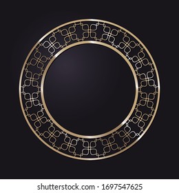 Decorative openwork round frame with gold abstract pattern on black background. Circular ornament. An elegant element for design. Vector.