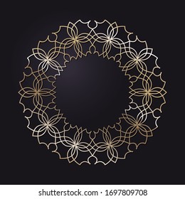 Decorative openwork round frame with gold abstract pattern on black background. Circular ornament. An elegant element for design. Vector.