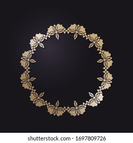 Decorative openwork round frame with gold abstract pattern on black background. Circular ornament. An elegant element for design. Vector.