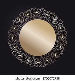 Decorative openwork round frame with gold abstract pattern on black background. Circular ornament. An elegant element for design. Vector.