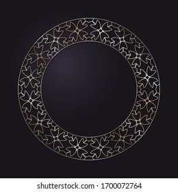 Decorative openwork round frame with gold abstract pattern on black background. Circular ornament. An elegant element for design. Vector.