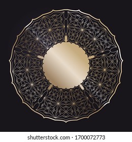 Decorative openwork round frame with gold abstract pattern on black background. Circular ornament. An elegant element for design. Vector.