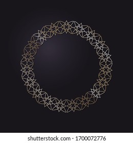 Decorative openwork round frame with gold abstract pattern on black background. Circular ornament. An elegant element for design. Vector.
