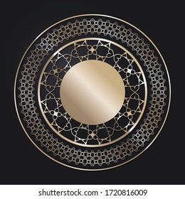 Decorative openwork round frame with gold abstract pattern on black background. Circular ornament. An elegant element for design. Vector.