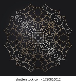 Decorative openwork round frame with gold abstract pattern on black background. Circular ornament. An elegant element for design. Vector.