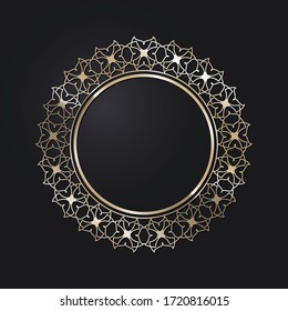 Marco redondo de apertura decorativo con un patrón oro abstracto sobre fondo negro. Ornamento circular. Un elemento elegante para el diseño. Vector.