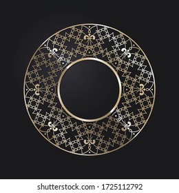 Marco redondeado decorativo de apertura con patrón oro abstracto sobre fondo negro. Ornamento circular. Un elemento elegante para el diseño. Vector.