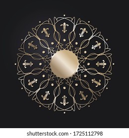 Decorative openwork round frame with gold abstract pattern on black background. Circular ornament. An elegant element for design. Vector.