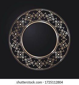 Decorative openwork round frame with gold abstract pattern on black background. Circular ornament. An elegant element for design. Vector.