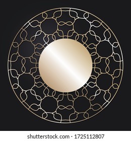 Marco redondeado decorativo de apertura con patrón oro abstracto sobre fondo negro. Ornamento circular. Un elemento elegante para el diseño. Vector.
