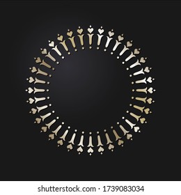 Decorative openwork round frame with gold abstract pattern on black background. Circular ornament. An elegant element for design. Vector.