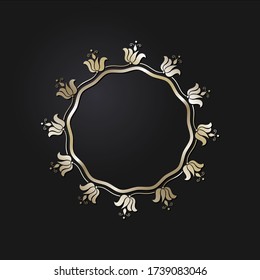 Dekorativer Rundrahmen mit goldfarbenem abstraktem Muster auf schwarzem Hintergrund. Rundschmuck. Ein elegantes Element für Design. Vektor.