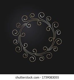 Decorative openwork round frame with gold abstract pattern on black background. Circular ornament. An elegant element for design. Vector.
