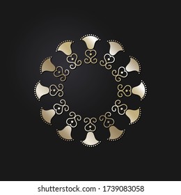 Decorative openwork round frame with gold abstract pattern on black background. Circular ornament. An elegant element for design. Vector.
