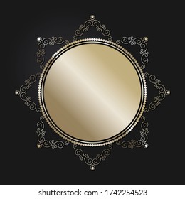 Dekorativer Rundrahmen mit goldfarbenem abstraktem Muster auf schwarzem Hintergrund. Rundschmuck. Ein elegantes Element für Design. Vektor.