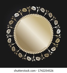 Decorative openwork round frame with gold abstract pattern on black background. Circular ornament. An elegant element for design. Vector.