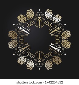Decorative openwork round frame with gold abstract pattern on black background. Circular ornament. An elegant element for design. Vector.